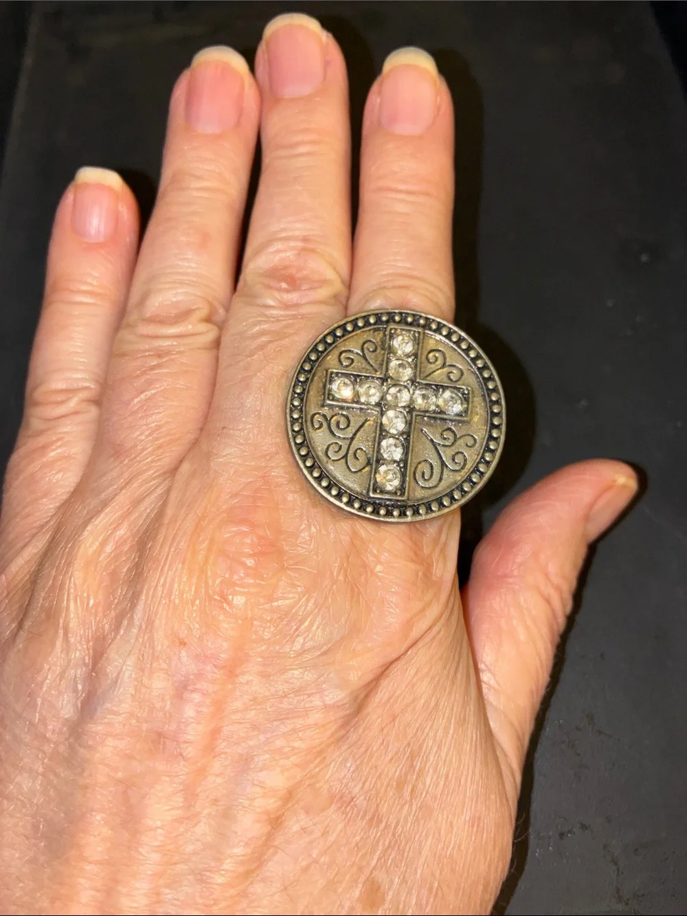 Vintage-Inspired Bronze Cross Accent Ring - Brown/Gold